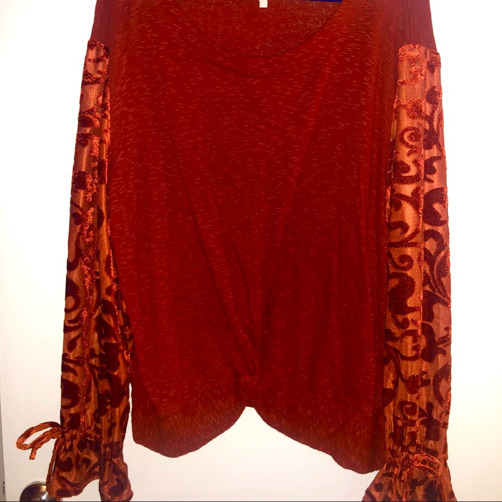 Cato•Orange•Long Sleeve Shirt•Sheer sleeves with velvet baroque detailing•XL